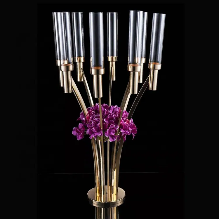 latest 8 arms wedding decoration metal Candle Holders centerpieces wholesale goldene Candelabro