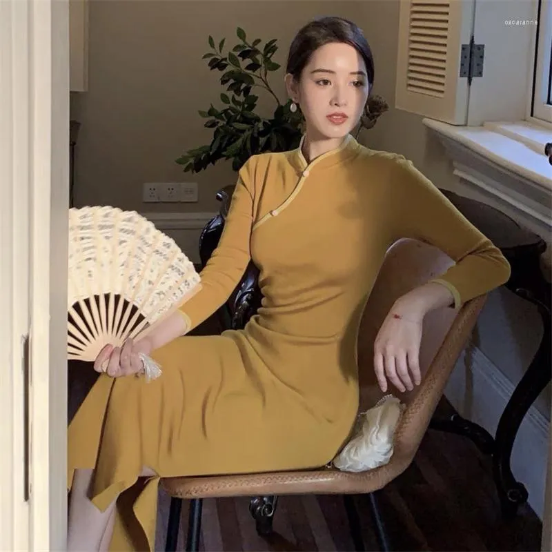 Этническая одежда Cheongsam платье китайское традиционное модное костюм для женщин винтажная тонкая сплошная юбка для девочки элегантная годовая одежда для вечеринки