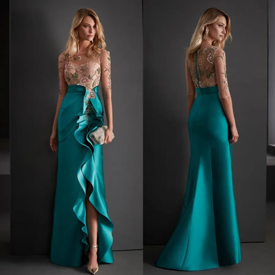 Charming Beaded Mermaid Prom Dresses Sheer Bateau Neckline Side Split Evening Gowns Half Sleeves Floor Length Satin Special Occasion Formal Wear