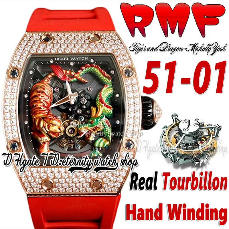 RMF ys51-01 Orologio da uomo Real Tourbillon carica manuale 3D Dragon Tiger Totem Quadrante dipinto Cassa in oro rosa con diamanti Cinturino in caucciù rosso Super Edition Sport Eternity Orologi