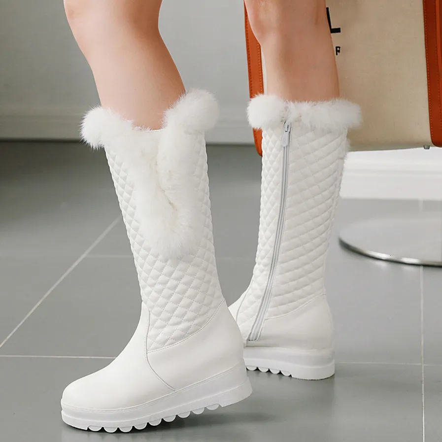 Boots Warm Pink White Snow Women Winter Shoes Wedges Low Heels Knee High Female Platform Fur Plush Long Woman 221203