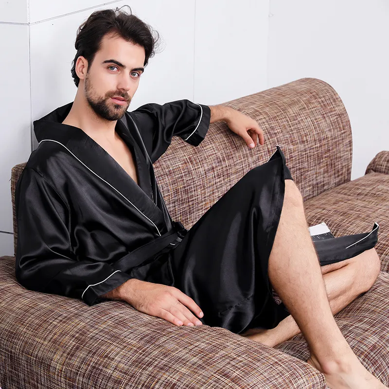 Men's Sleepwear Luxury Designer Silk Kimono Robe Novelty Long Sleeve Bathrobe Oversized Satin Nightgown Summer Home Clothing 221201