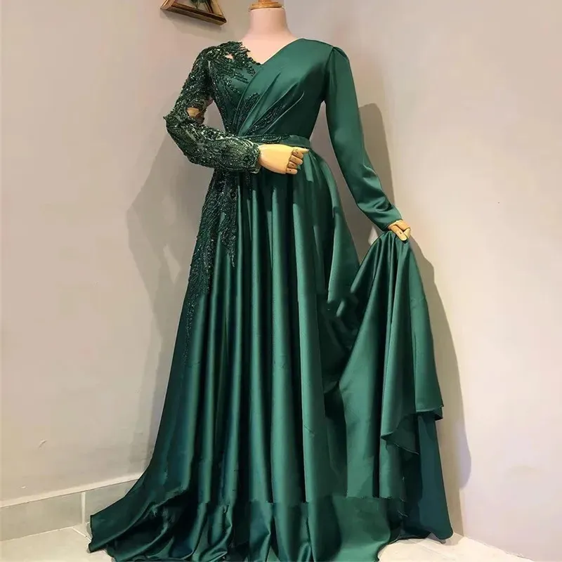 Moderno Hunter Green musulmán rebordear vestidos de fiesta 2023 Sexy cuello en V plisado manga larga hecho a pedido Robes De SoirEe vestido de noche formal