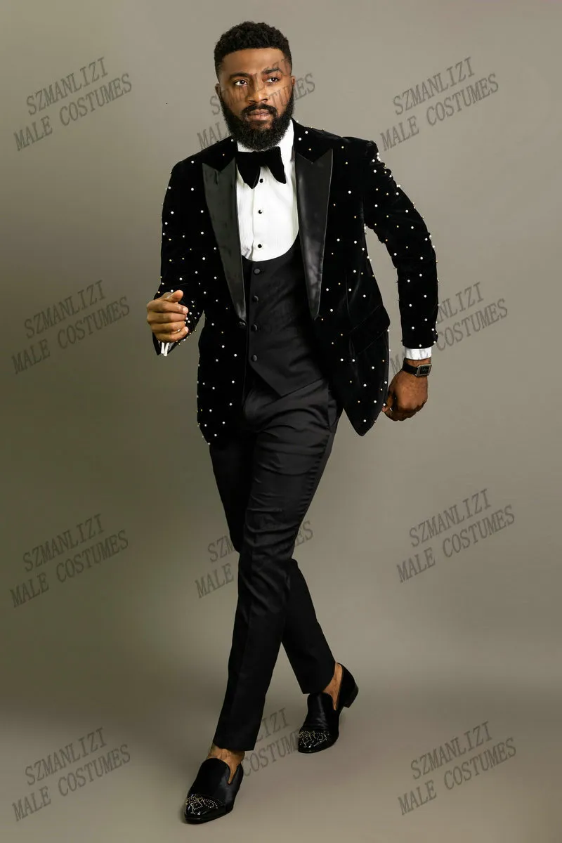 Costumes pour hommes Blazers Crystal Perles Black Velvet Hommes Costume Homme Groom Tuxedos Mariage Terno Masculino Slim Fit 3 Pièces Party Blazer 221202