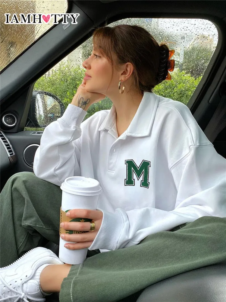 Sweats à capuche pour femmes Sweatshirts Harajuku Blanc Sweat-shirt surdimensionné Femmes Mode coréenne Bouton Col rabattu Pulls Lâche Support Élargi Vêtements Iam ty 221202