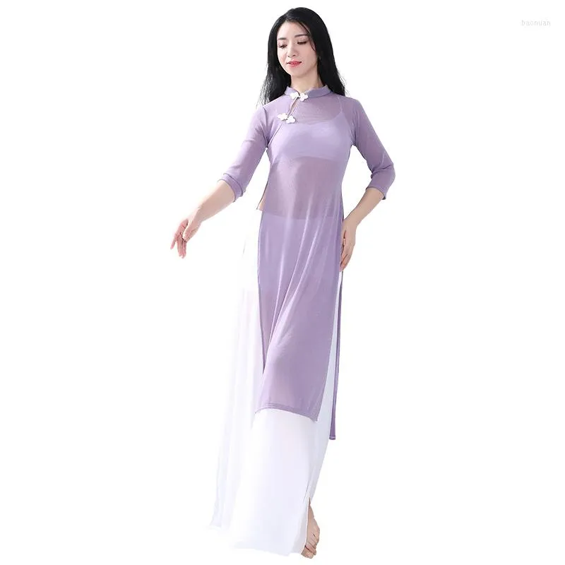 Abbigliamento da palcoscenico Vestito da danza del ventre Donna Classico moderno Cheongsam Uniformi da ballo Colletto alla coreana Vestito con pantaloni a gamba larga