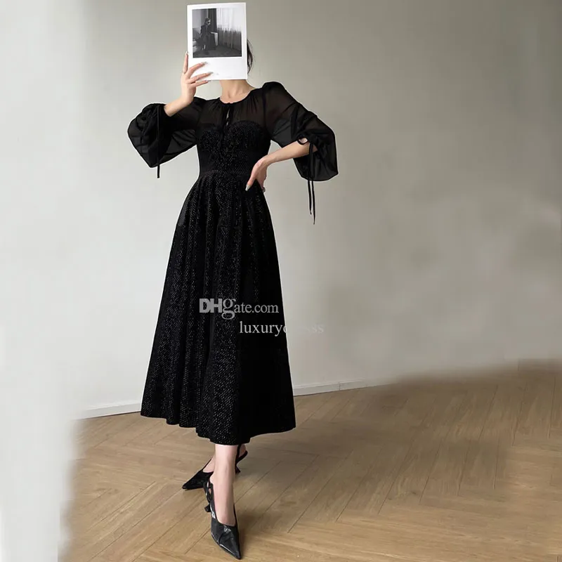 فساتين غير رسمية فرنسية فستان رجعية مزاجي الخصر الإغلاق الخريف والشتاء المخملية السوداء طويلة