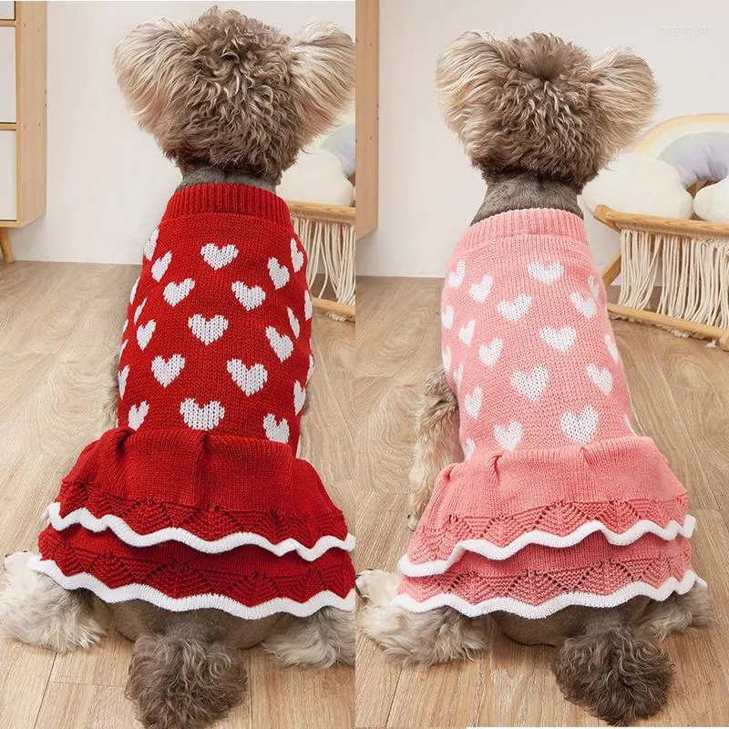 Abbigliamento per cani Gonna maglione invernale per animali domestici Stampa a cuore Abiti caldi per cani lavorati a maglia per abiti pullover per gatti piccoli cuccioli