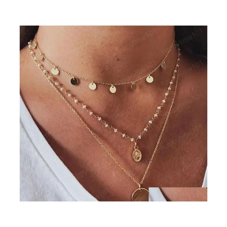 Chokers Fashion Beads Layer Coin Necklace Bohemia Round Sequins Choker Pendant On Neck Chain Jewelry Drop Delivery Necklaces Pendants Dh4R1