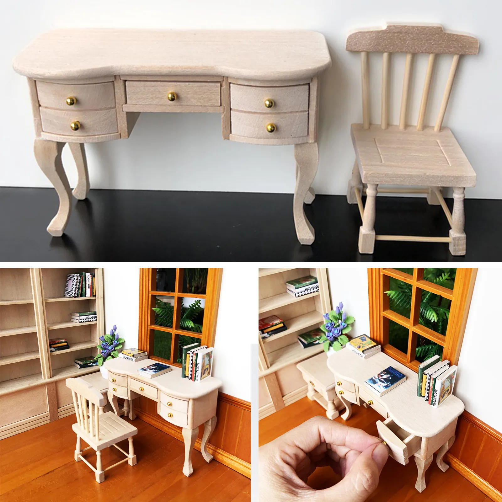 Wooden Doll Furniture 1:12 Scale Dollhouse Miniature Wood Chair and Desk Toy Furniture Accessories