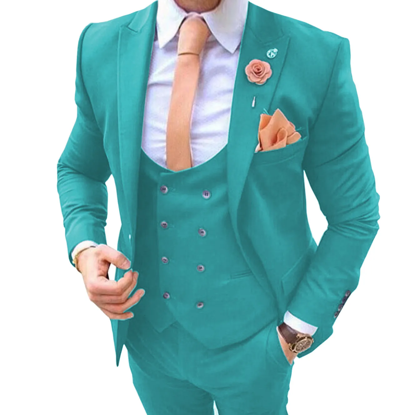 Slim Fit Men's Piece Suit: Turquoise Blazer, Vest Trousers Perfect  for Prom Weddings! Shop