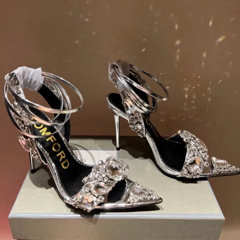 Metallic Crystal embellished Ankle-Tie Sandals heeled stiletto Heels for women Party Evening shoes open toe Calf Mirror leather luxury designers factory footwear