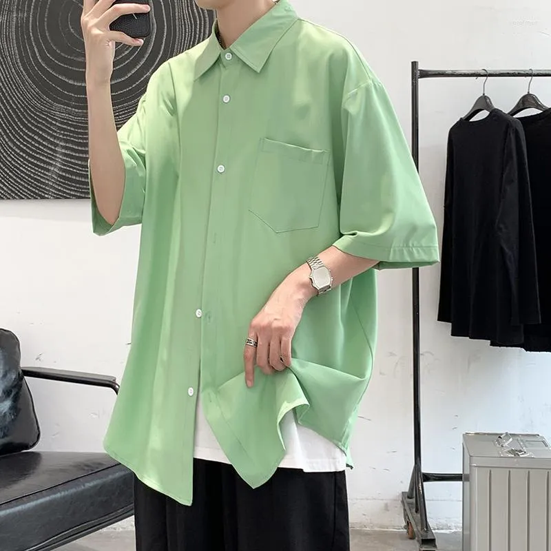 Men's Casual Shirts Summer Short Sleeve Shirt Men's Fashion Black Gray Green Men Streetwear Korean Loose Pocket Dress Mens M-2XL
