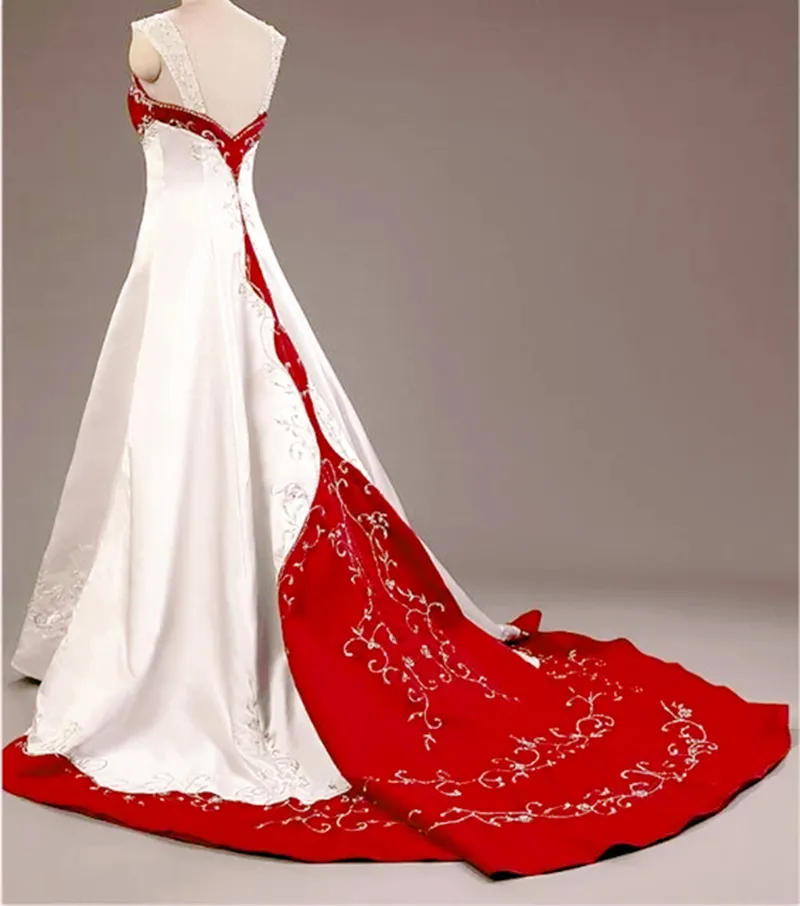 Designer White and Red Wedding Dress Silver broderad satin brudklänningar Vintage En linjeband är ärmlösa landskontol vestido de novia 2023