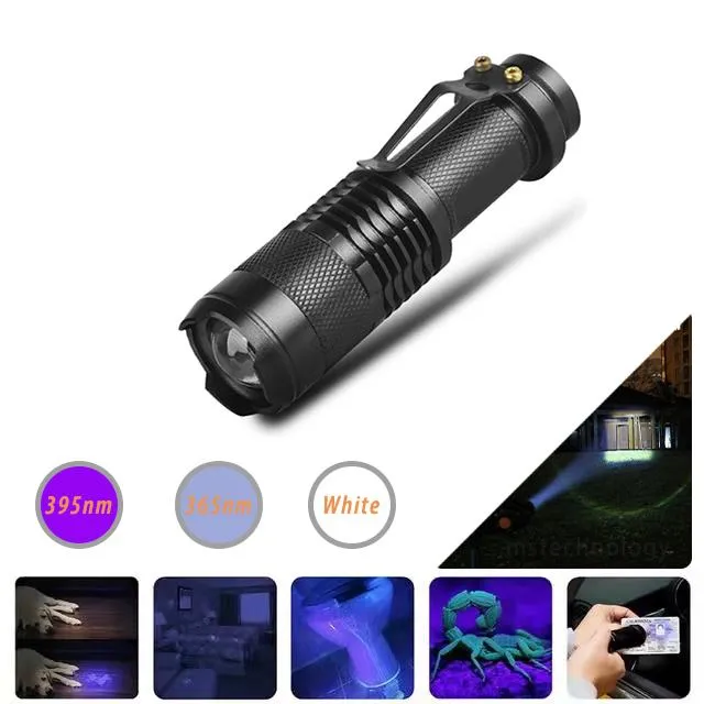 Mini LED UV Flashlight Ultraviyole Meşalesi 5W Beyaz 395 365 Nm Zoom Fonksiyonu Siyah Işık Evcil Hayvan Lekeleri Dedektörü Akrep Avcılığı