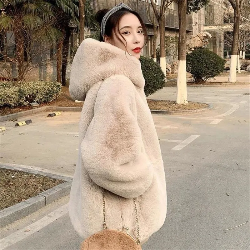 Femmes fausse fourrure mode hiver pull ample femmes épais chaud ry manteau mi-longueur fermeture éclair à capuche imperméable vison 221202