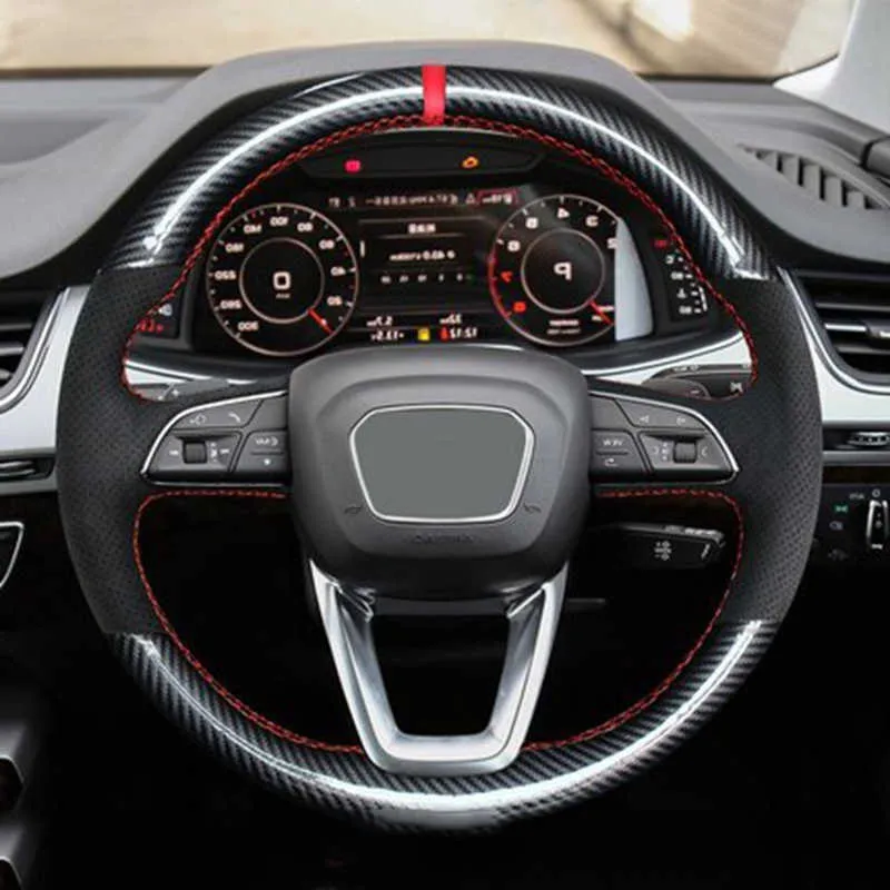 Tampa personalizada da tampa do volante de carro costurando manualmente a tran￧a de camur￧a de fibra de carbono para Audi A4 A6L A7 A8 Q5L Q7 Q3 Q8