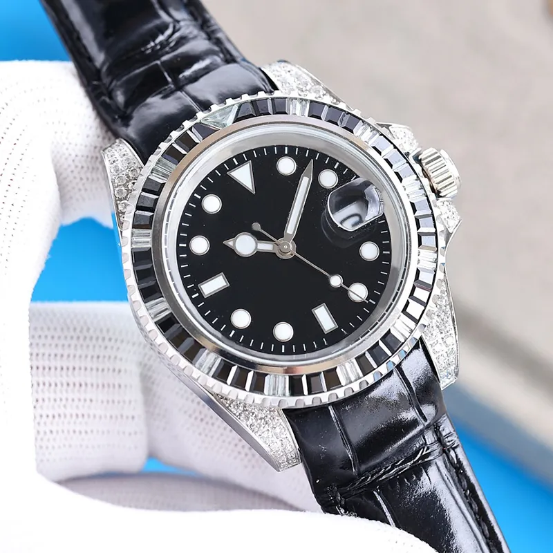 Heren Watch Diamant Bezel Automatische beweging Waterdichte 40mm lederen band Mode polshorloges Zakelijke polshorloge meerdere kleuren