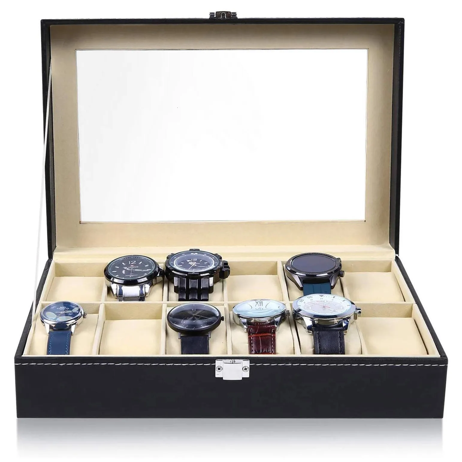 Cajas de reloj Estuches 61012 Rejillas Estuche de exhibición de cuero Titular Almacenamiento negro Organizador de joyas de vidrio para hombres Mujeres Regalo 221202