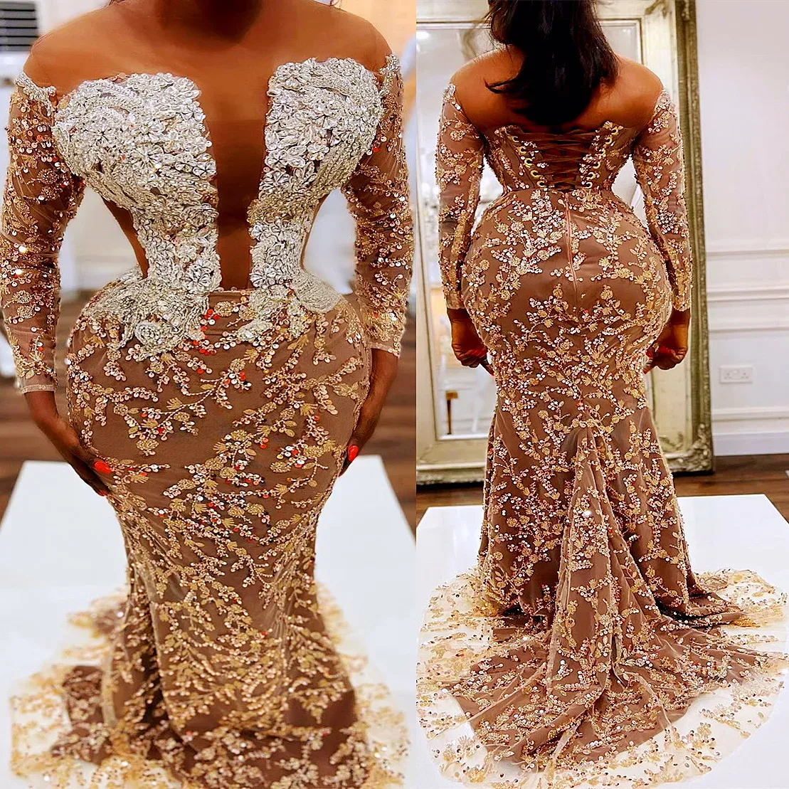 Off-the-shoulder Mermaid Sequin Prom Dresses Metallic Gold Plus Size