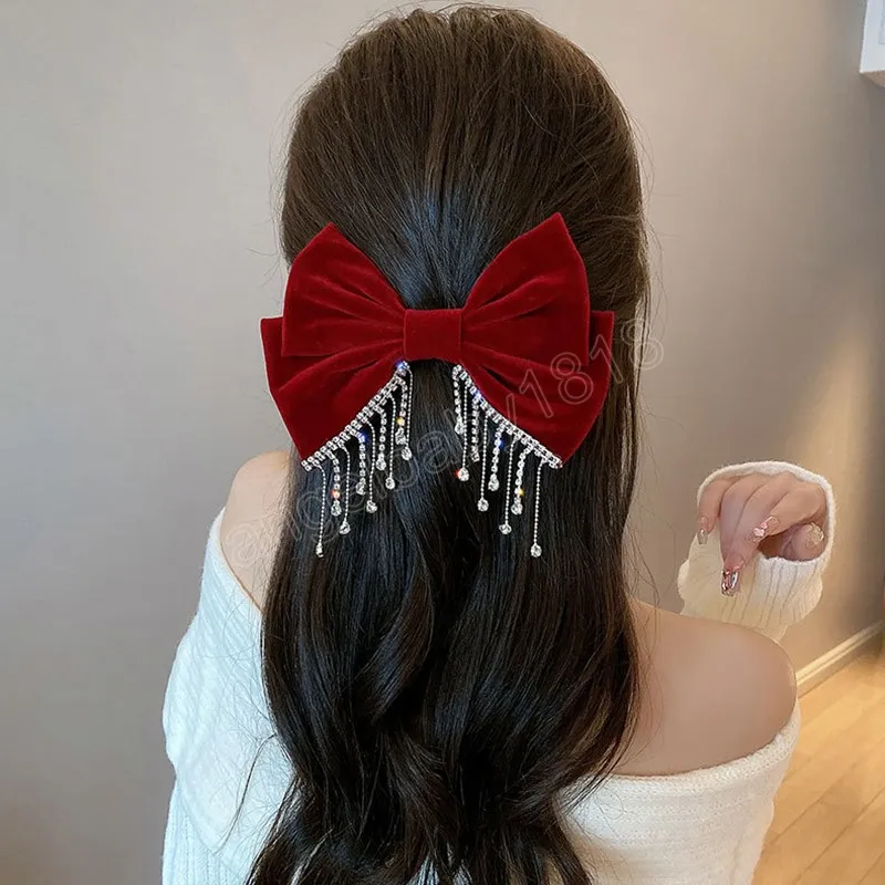 Big Bowknot Bling Rhinestone Tassels Haarclip Satijnen haarspelden BRITTESS PERSTAIL CLIP Elegante Shiny Double Bow Haarspeld Heawear