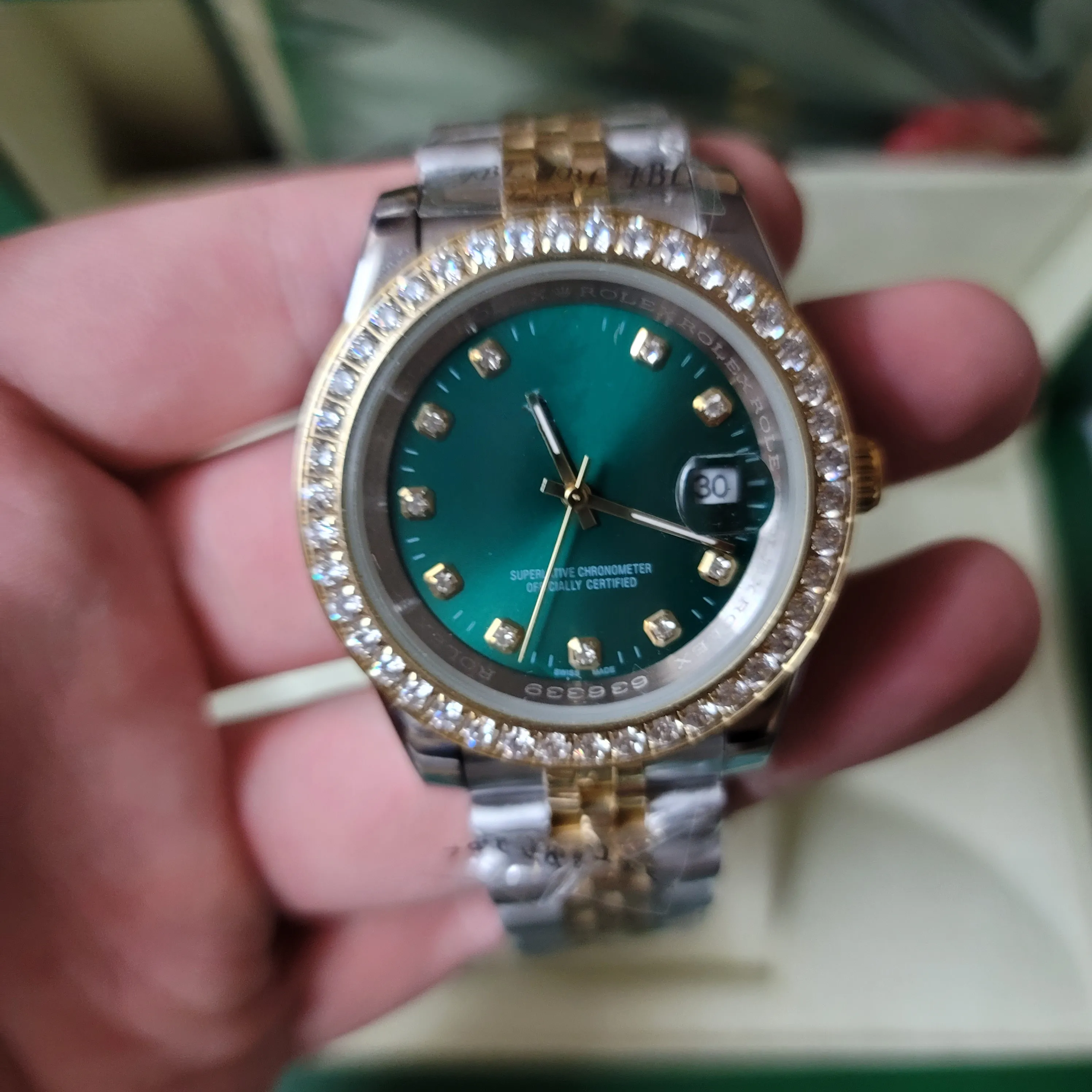 Med låda av hög kvalitet AAA titta på ny version Sliver Gold Green Daimonds Dail Diamond Bezel 40mm Dial Automatic Fashion Men's Watch Wristwatch 2813