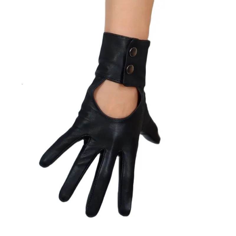 Gants sans doigts écran tactile gants en cuir véritable femme 25cm pur peau de mouton noir bouton creux dos nu mince femmes gants en cuir WZP42 221203