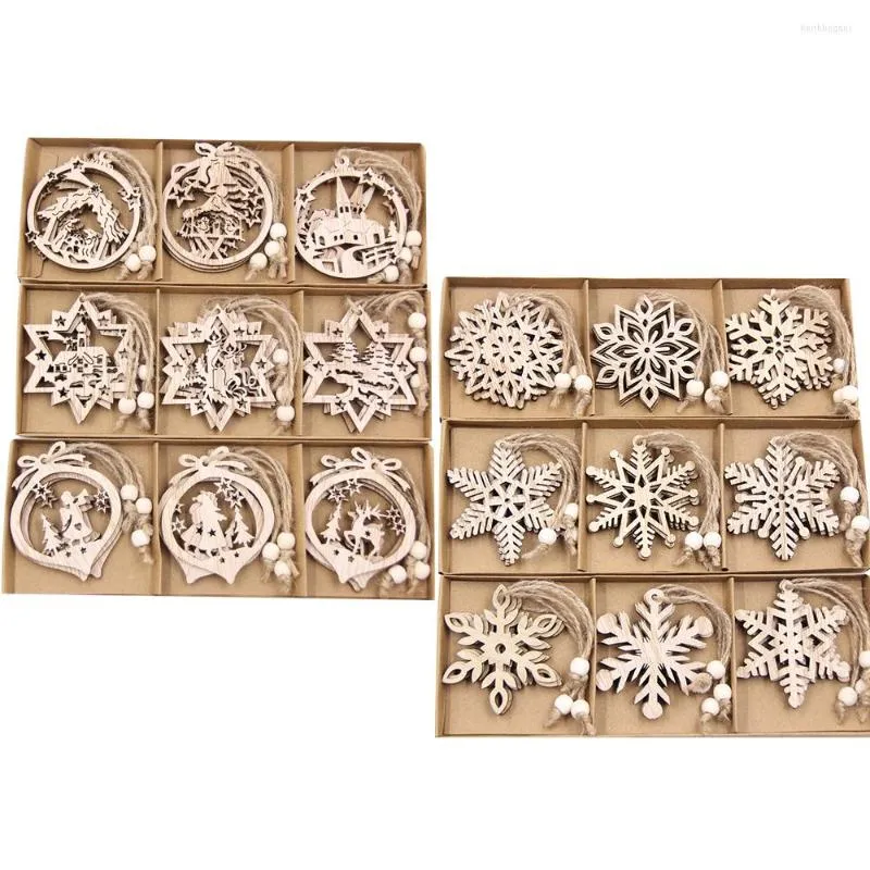 Décorations de Noël 9 pièces/boîte pendentifs flocon de neige en bois, ornements d'arbre pour décoration de fête à domicile, fourniture de cadeaux en bois suspendus