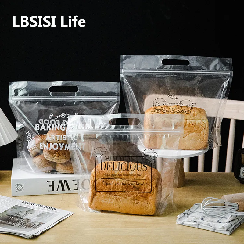 Geschenkverpackung LBSISI Life 50 teile/los Transparente geschnittene Brot Plastiktüten mit Griff Keks Süßigkeiten Kekse gebürstete Hand Tear Toast Verpackung 221202