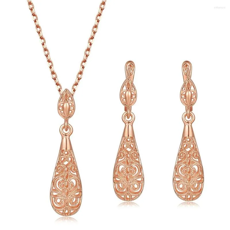 Серьги ожерелья, установленные для женщин Vantage Hollow Out Water Drop Rose Gold
