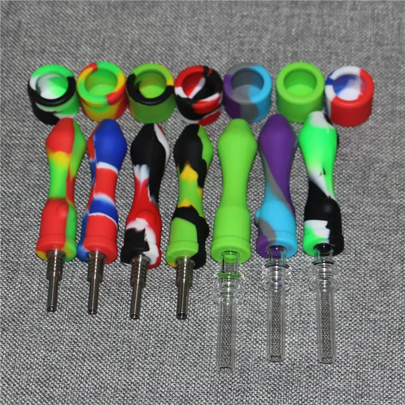 Rökning Silikon Nektar Pipe Kit med 10mm Titanium Quartz Tip Silicone Dab Straw Hand Pipes