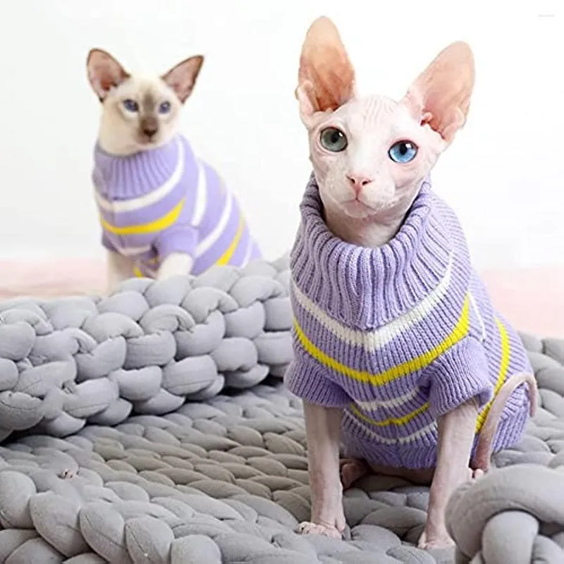 Hundkläder hårlös katt stickad tröja kattunge randig turtleneck väst valp varma kläder höst vinterrock doggy tröja