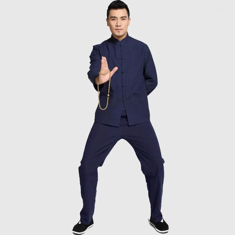 Ethnic Clothing High Quality Jacket&Trousers Chinese Men's Solid Suit Cotton Loose Wu Shu Tai Chi Sets Navy Blue