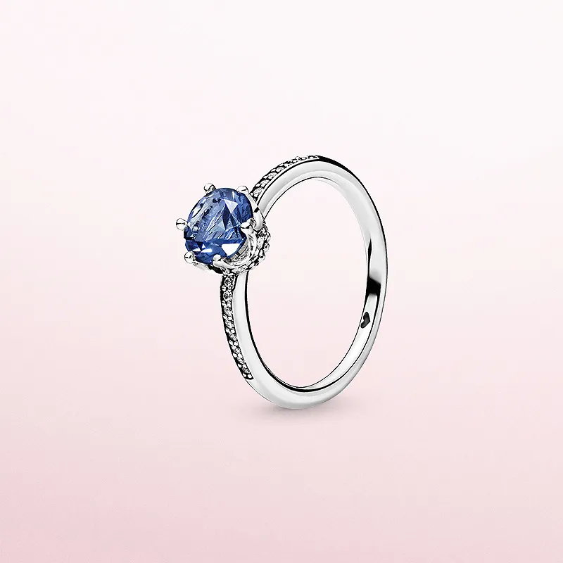 Blue Sparkling Crown Ring Authentic Sterling Silver con caja original para Pandora Joyas Mujeres Niñas Boda Cz Anillos de diamantes Regalos de compromiso
