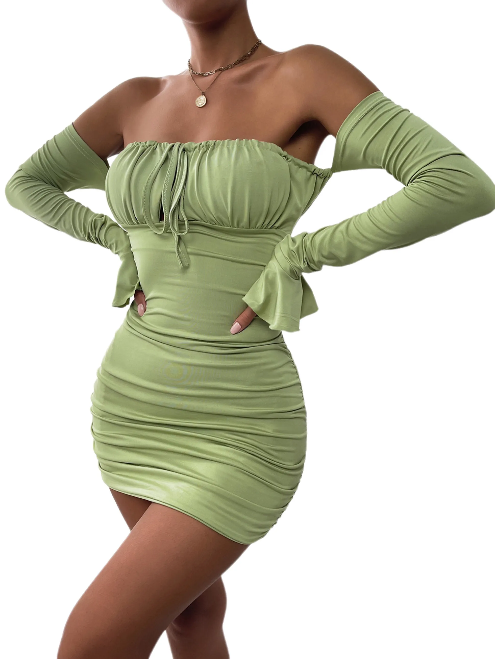 Women Party Dresses Sexy Off Shoulder Ruched BodyCon Mini Dress Founce Long Sleeve Tie Front Short Pencil Dresses