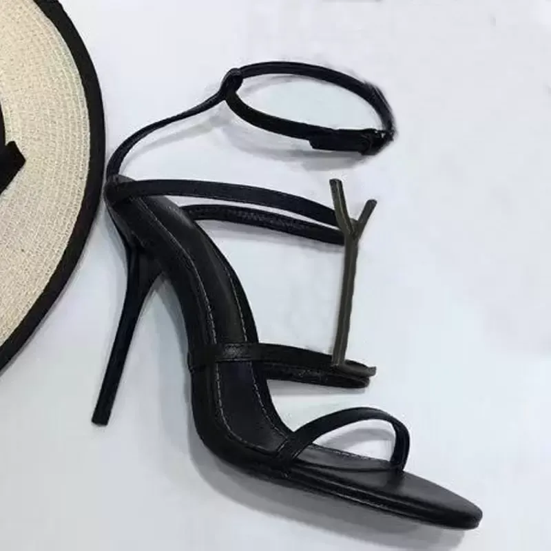 Women Sandals Dance Shoe Super 10Cm High Heel Woman Shoes Party Fashion 100% Leather New Sexy Heels Lady Wedding Metal Belt Buckle Large Size 35-40-41 With Box
