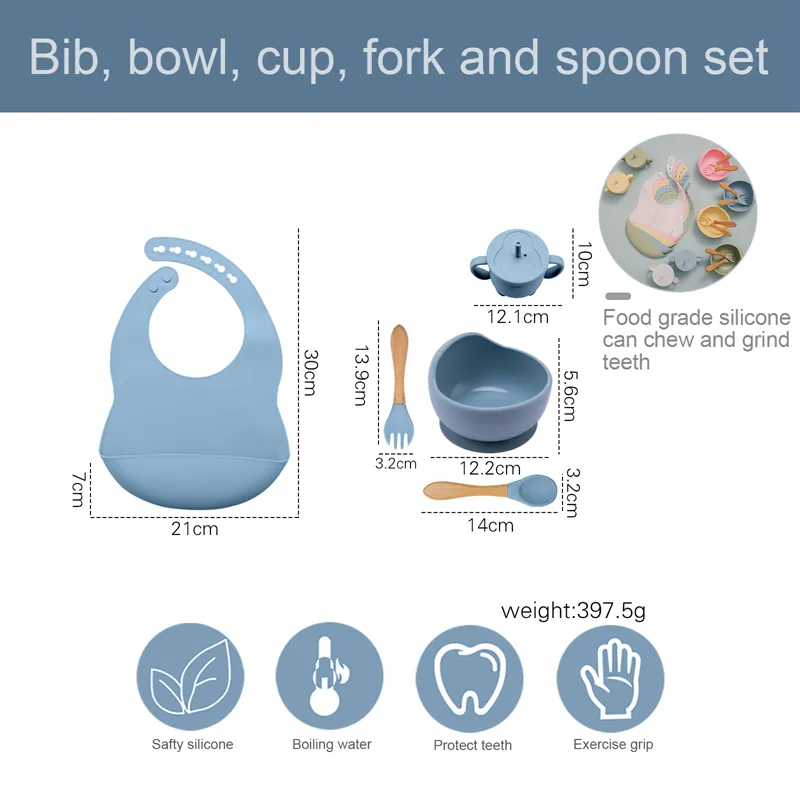 Cups Dishes Utensils Silicone Baby Feeding Bowl Tableware Waterproof Learning Suction Set Wood Fork Spoon NonSlip for Babies Bib 220920