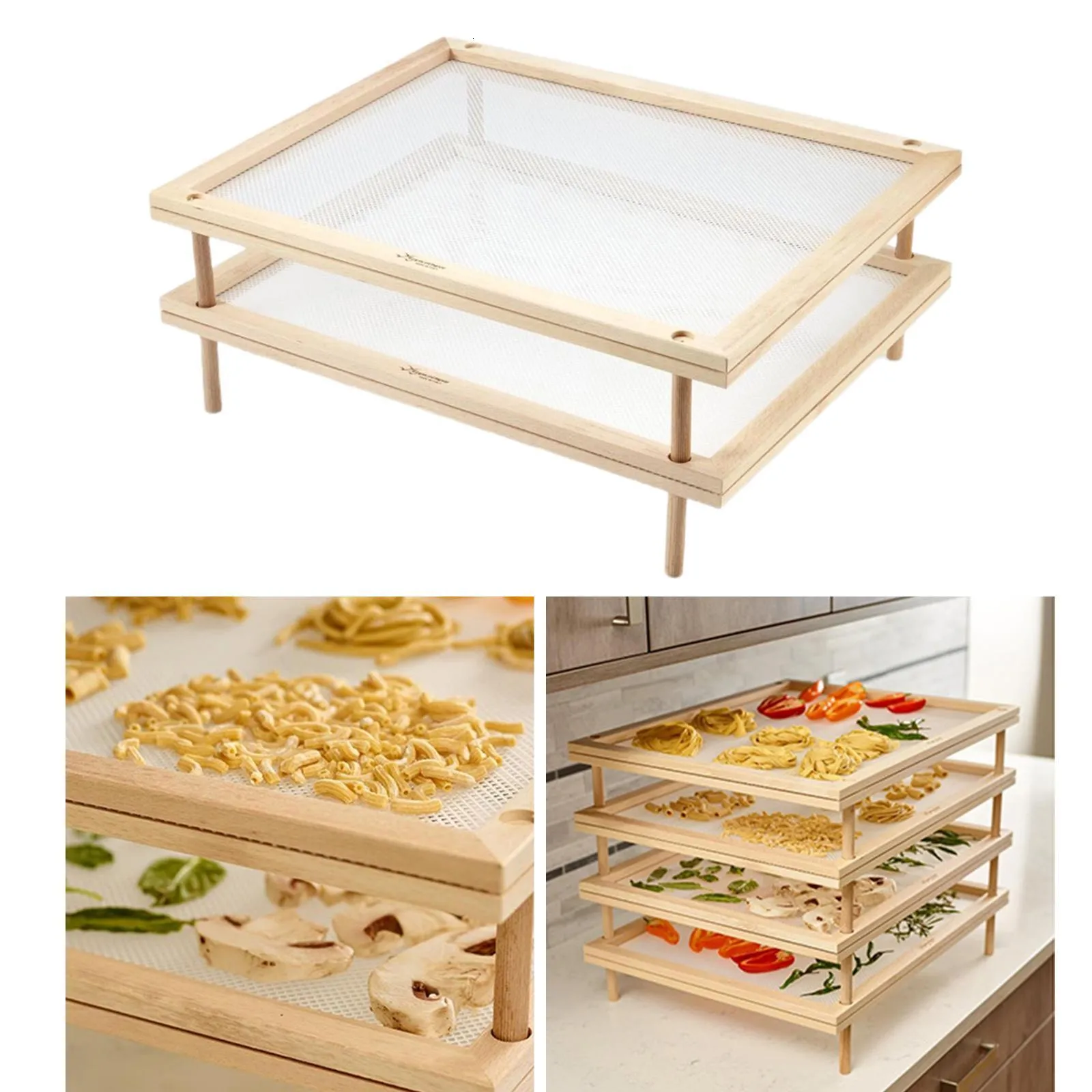 2 Layer Wood Spaghetti Drying Rack Food Dryer Drainer Mesh Drying Net for Drying Vegetable Noddles 