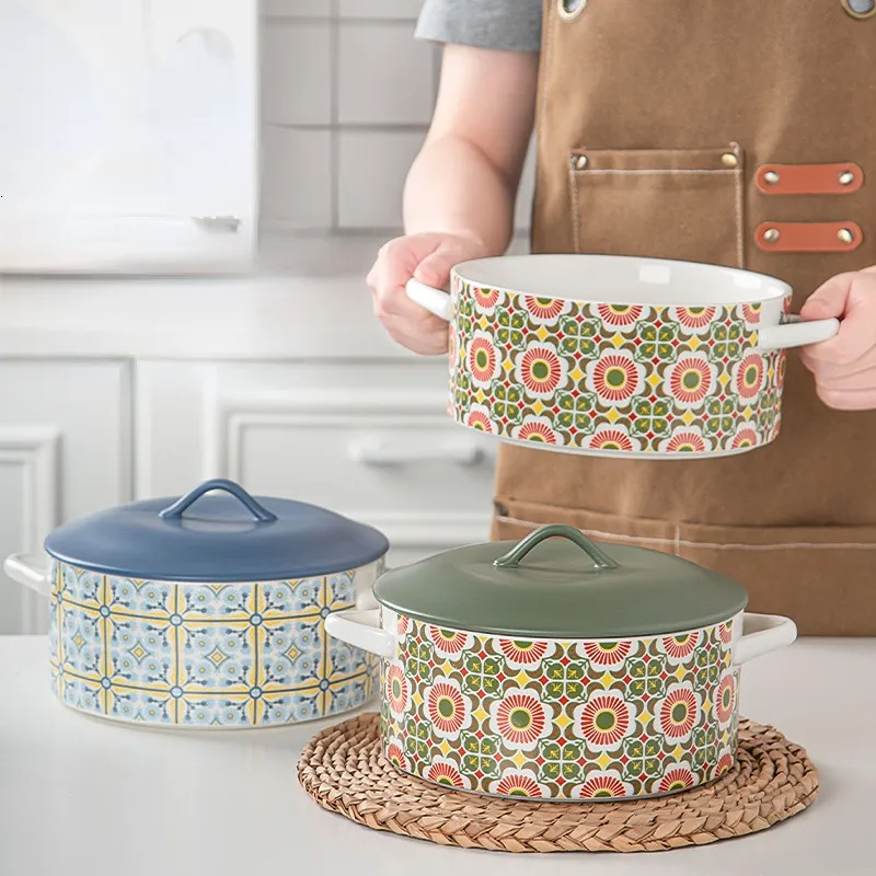 Soep Bouilles Potten Boheemse stijl Binaurale overdekte Soep Bowl Keramische soeppot Grote ramen bowl