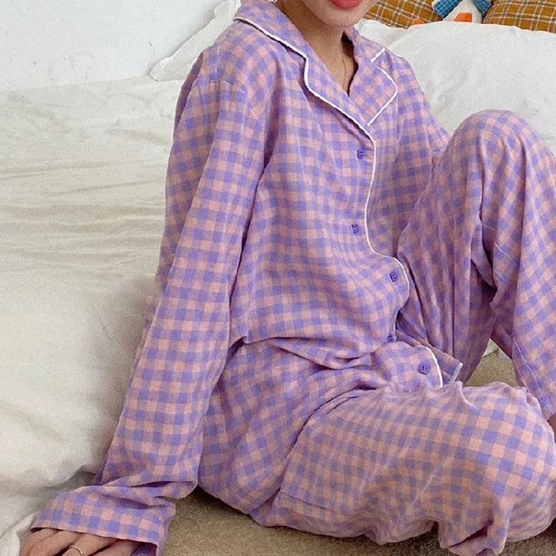 Home Clothing Langarm-Pyjama für Damen, weich, niedlich, kariert, bedruckt, Nachtwäsche, Revers, lässig, bedruckt, 2-teilig, Pyjama in Übergröße, Heimkleidung, 221202