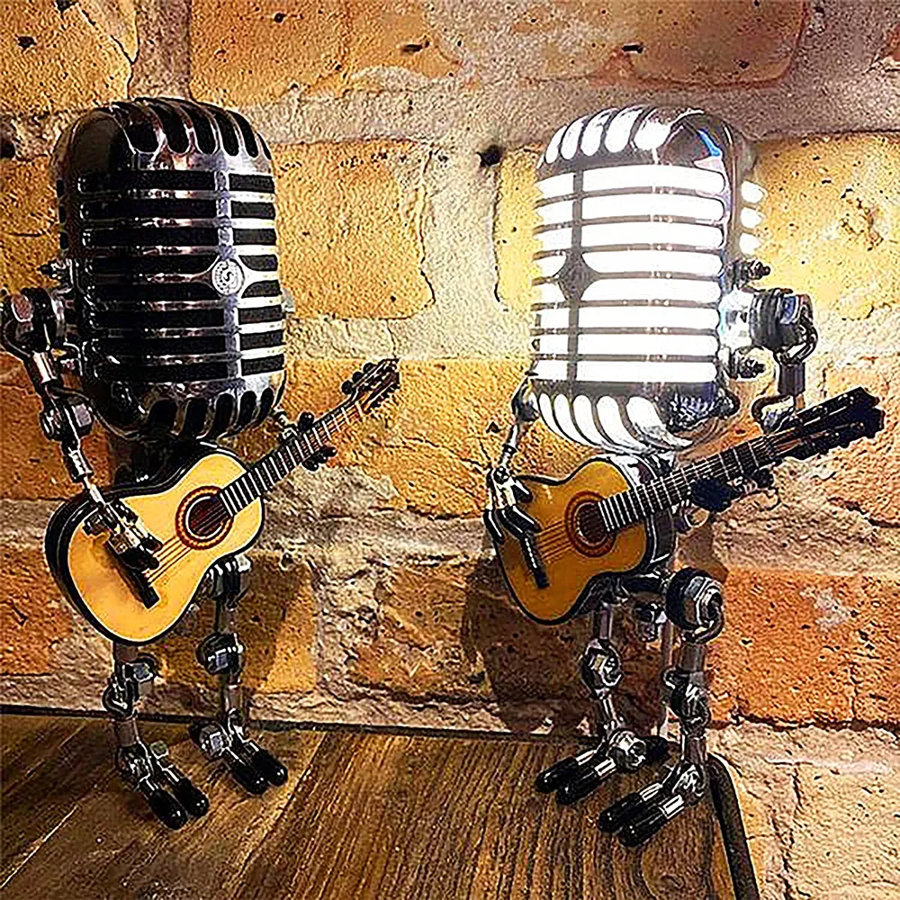 Oggetti decorativi Figurine Microfono vintage Robot con chitarra Interni in metallo Lampada da notte da tavolo Ricarica USB Ornamento Decorazione domestica 221203