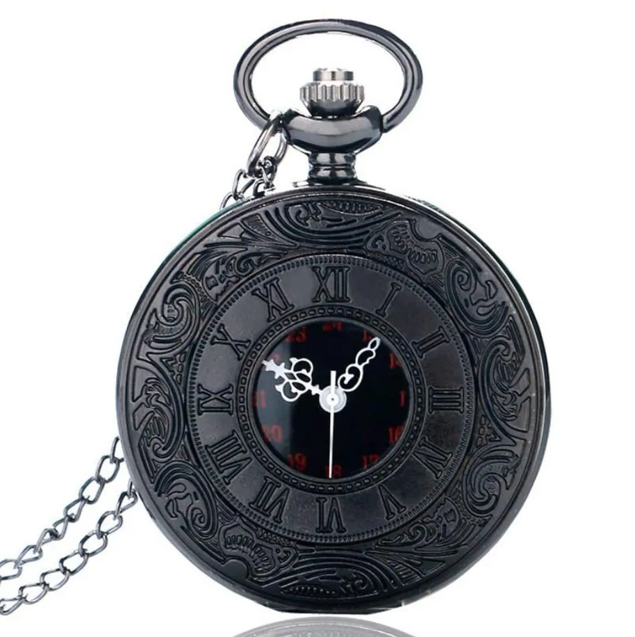 Vintage Chiffres Romains Quartz Montres De Poche Hommes Femmes Noir Creux Cas Steampunk Vintage Pendentif Collier Meilleurs Cadeaux