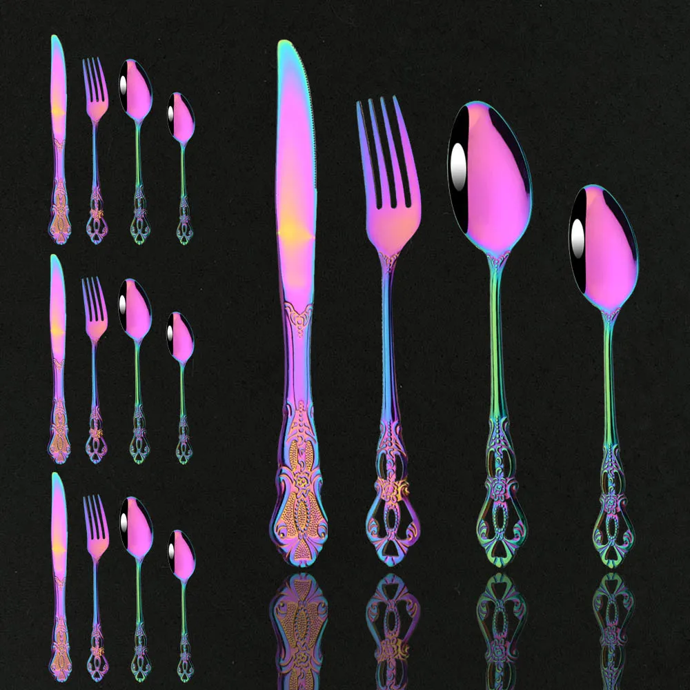 Geschirr-Sets, westliches Luxus-Vintage-Geschirr-Set, Edelstahl, 16-teilig, Messer, Gabel, Löffel, Besteck-Set, Royal Tableware, Spiegel, Regenbogen-Besteck 221203