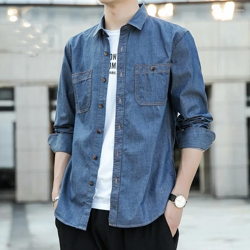 M￤ns casual skjortor 2022 Spring Cotton Men Long Sleeve Denim Shirt Soft Slim Jeans Plus Size 3xl Tv￥ framfickan KK3013