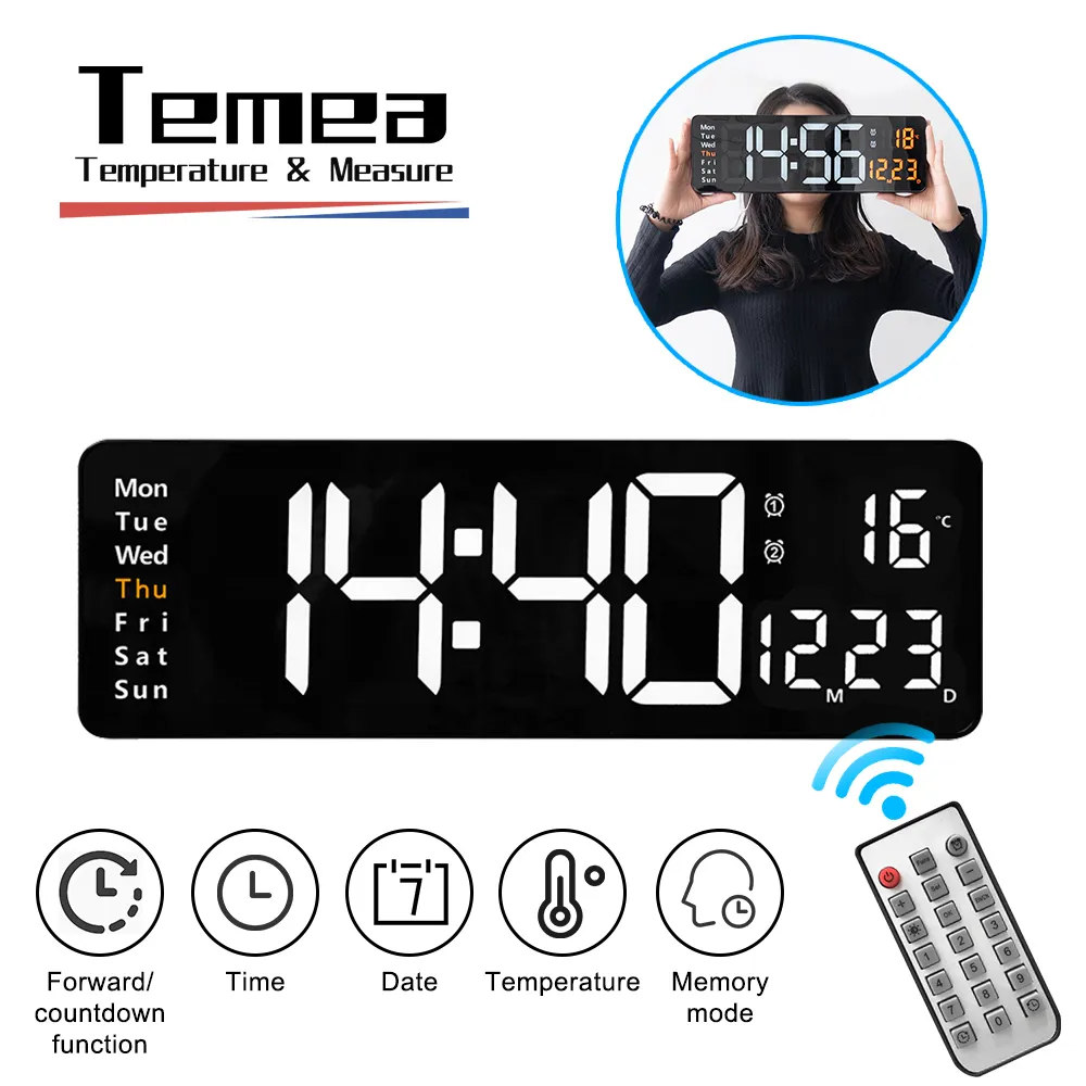 Wall Clocks Tamea Large LED Digital Clock Remote Control Temp Date Week Display Memory Table mounted Dual Electronic Alarms 221203