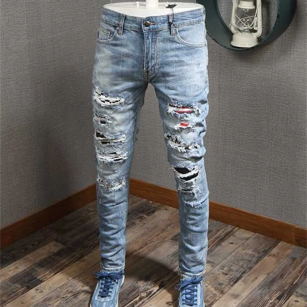 Men's Jeans Patches Detail Biker Fit Men Slim Motorcycle for Mens Vintage Distressed Denim Jean Pantsm955bshl