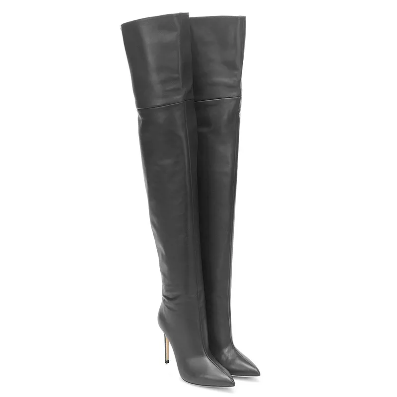 Black Crocodile Leather Thigh High Boots With Thin Heel Fashionable