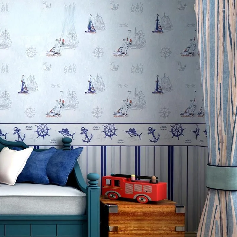 Обои Средиземноморская синяя плавальная талия молодежная комната для мальчика для спальни бесшовная ткань на стенах