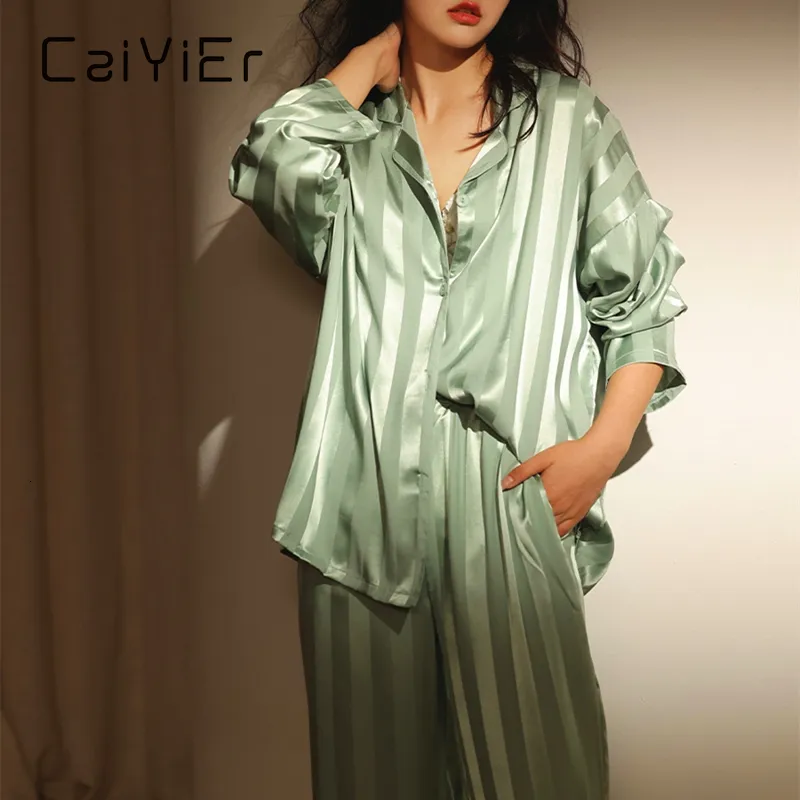 Startseite Kleidung CAIYIER Große Größe M5XL Frauen Nachtwäsche Gitter Streifen Luxus Eis Seide Pyjama Set Langarm Weiche Nachtwäsche Weibliche Winter Homewear 221202