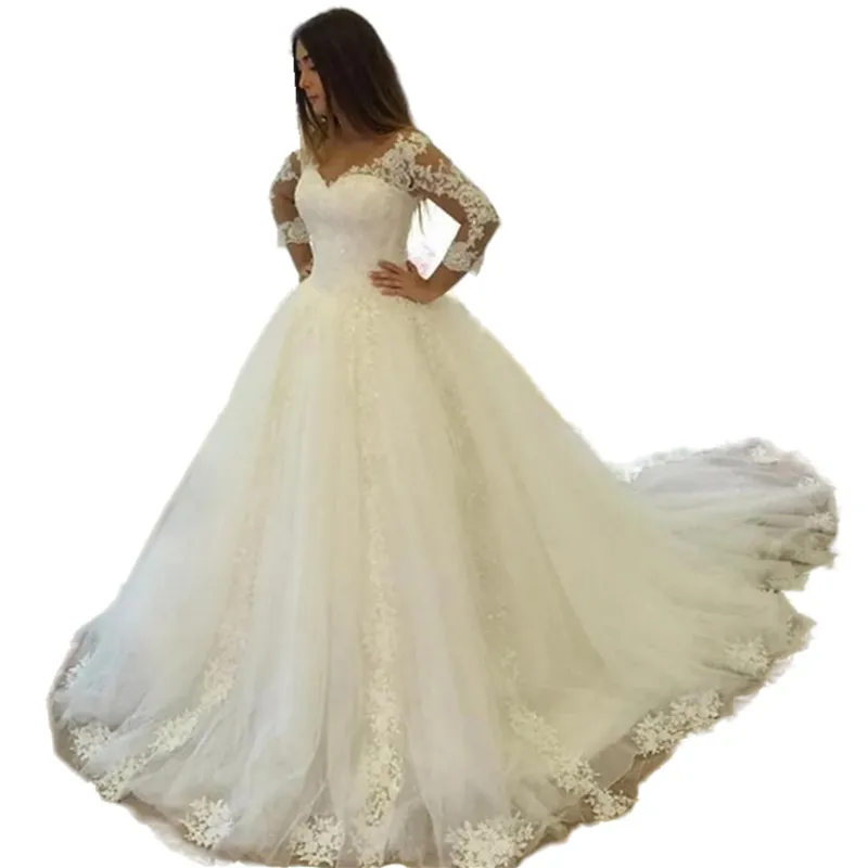 long sleeve wedding princess ball gown corset wedding dress Illusion Pearl Beaded Lace Where fantasy begins Puff-Sleeve Strapless Long White Bridal